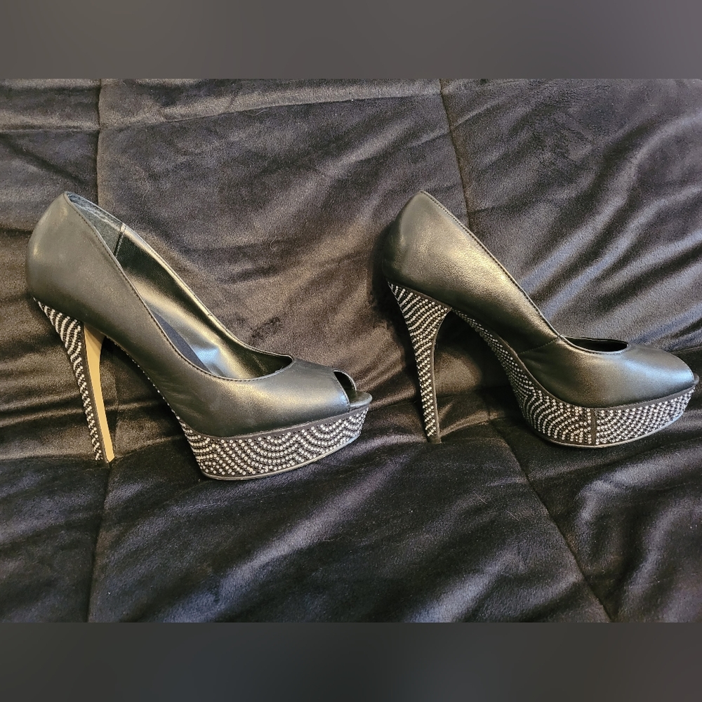 Aldo rhinestone embellished peep toe platform heels.
